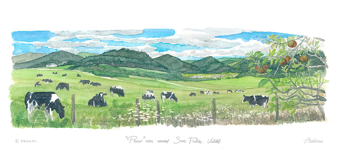 Lámina. Prao asturiano con vacas